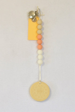 New Kinder Liefde Beige Cookie Beaded Silicone Teether Dummy Clip Unisex 6 months to 2 years