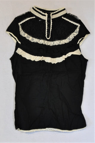 H&M Black With Lace Detail Blouse Women Size XS