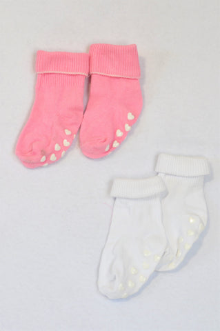 Unbranded 2 Pack Pink & White Grip Socks Girls N-B to 6 months