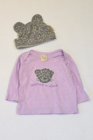 Bush Babes Kitty Ear Beanie & Lilac & Grey Cheetah Spotted in Africa T-shirt Girls 6-12 months