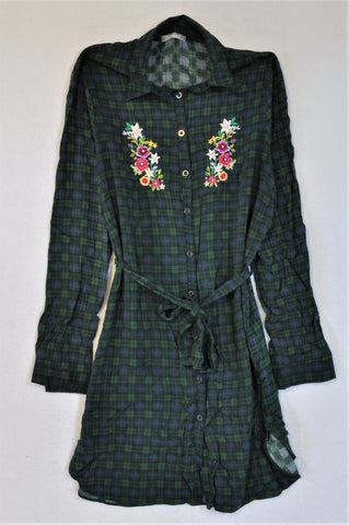 Senqu Green Plaid Floral Embroidery Shirt Dress Women Size 10