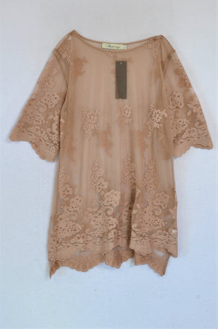 New Desray Beige Lace Netting Over Blouse Women Size 36