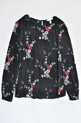 H&M Navy Long Sleeve Floral Blouse Blouse Women Size 10