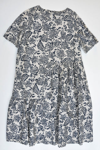 LTD Beige & Navy Floral Short Sleeve Knee Length Dress Women Size 34