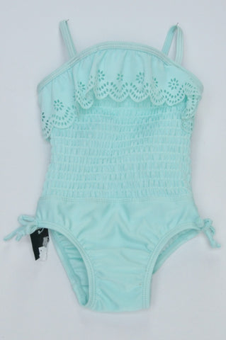 New Woolworths Turquoise Scrunchie Detail Floral Frill Swimming Costume Girls 3-6 months