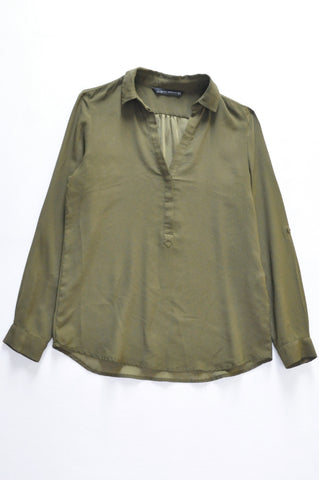 Zara Khaki Green Collared Long Sleeve Blouse Women Size S