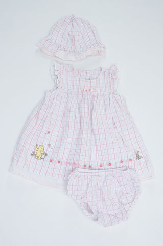 Disney Pink Plaid Winnie-The-Pooh Dress, Nappy Shorts & Hat Outfit Girls 0-3 months