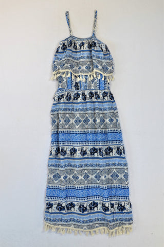 Unbranded Blue & White Tribal Elephant Tassel Dress Women Size XS