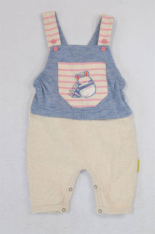 Hooligans Beige & Navy Thin Stripe Embroidered Zebra Pocket Dungarees Girls 12-18 months