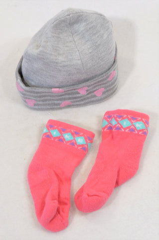Tou Les Jours Grey Pink Heart Beanie & Pink Tribal Winter Socks Girls 3-6 months