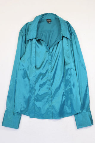 New Truworths Teal Satin Neck Tie Blouse Women Size 40