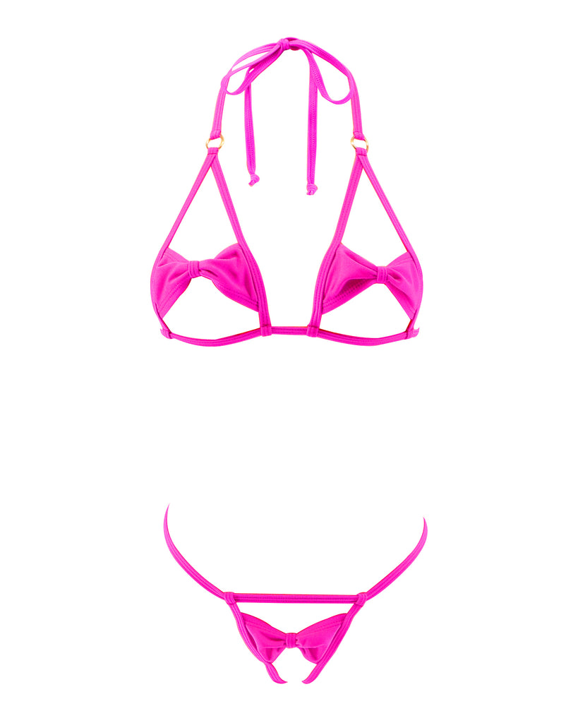 Fuchsia Bowknot Open Exposed Extreme Micro Bikini Crotchless G String Thong 2pc Sherrylo Swimwear