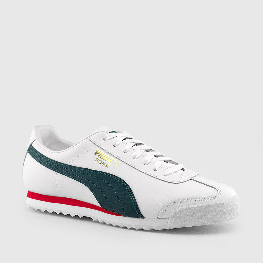 white and red puma shoes