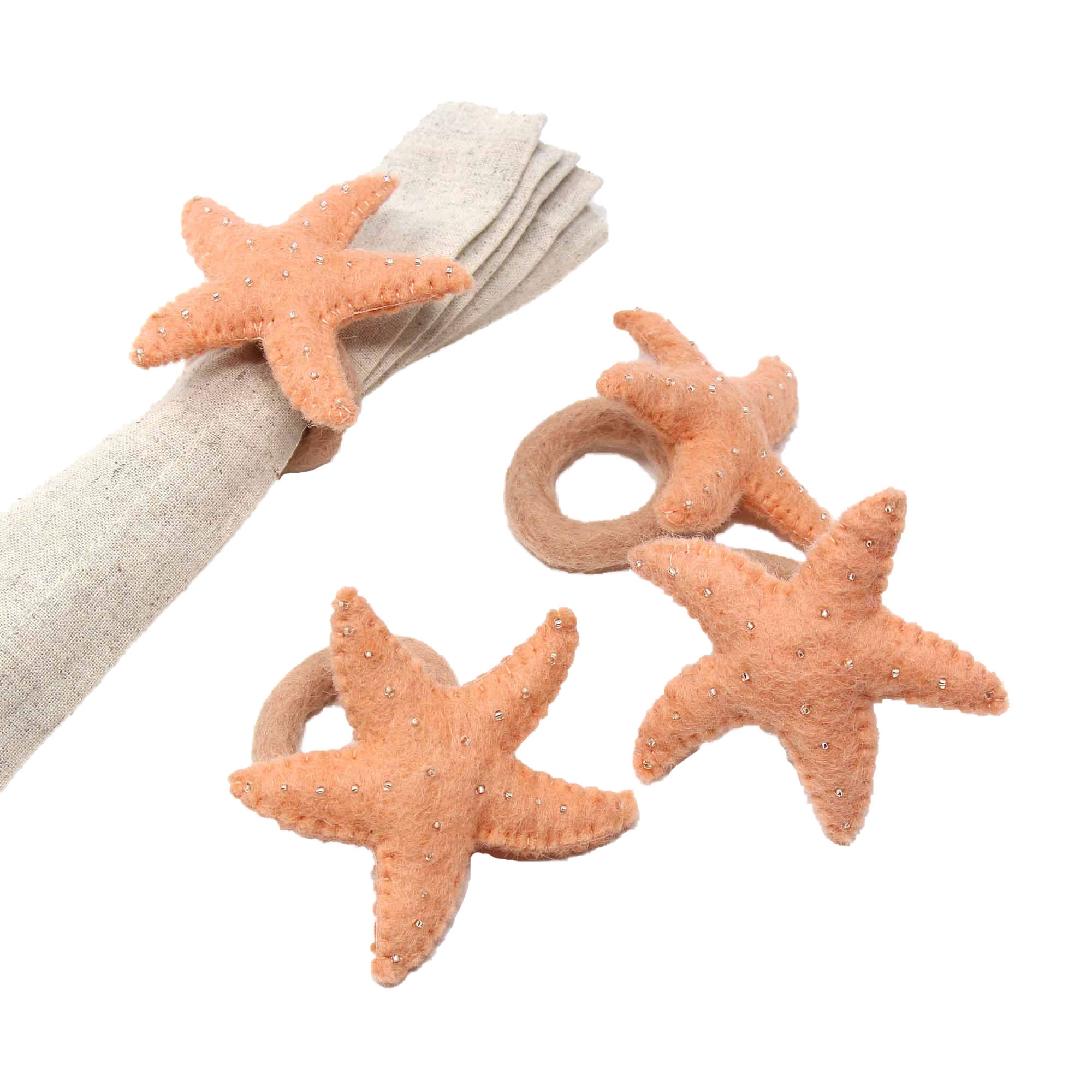 Hand-felted Starfish Napkin Rings, Set of Four Sand Global Groove (T)