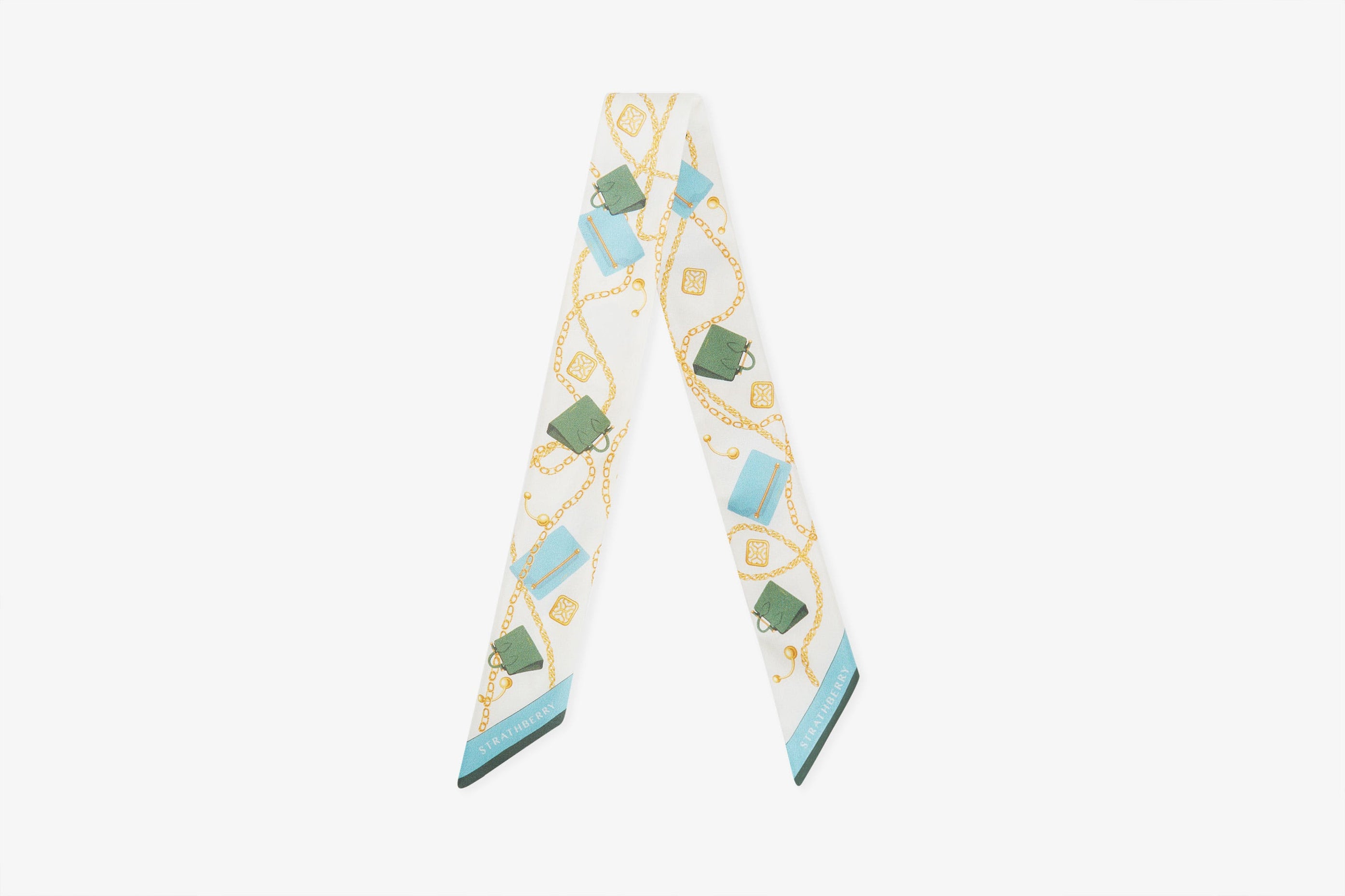 A view showcasing our Silk Skinny Scarf - Bag & Chain Print Blue/Green