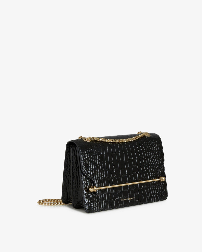 Strathberry Black Croc Embossed Leather Mini East/West Crossbody Bag  Strathberry