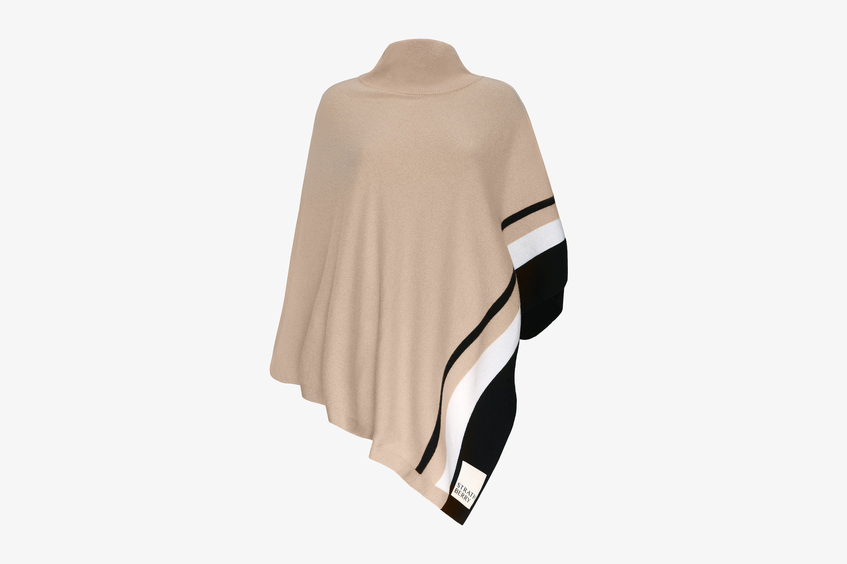 A view showcasing our Pure Cashmere Asymmetric Poncho - Striped Camel/Black/Vanilla