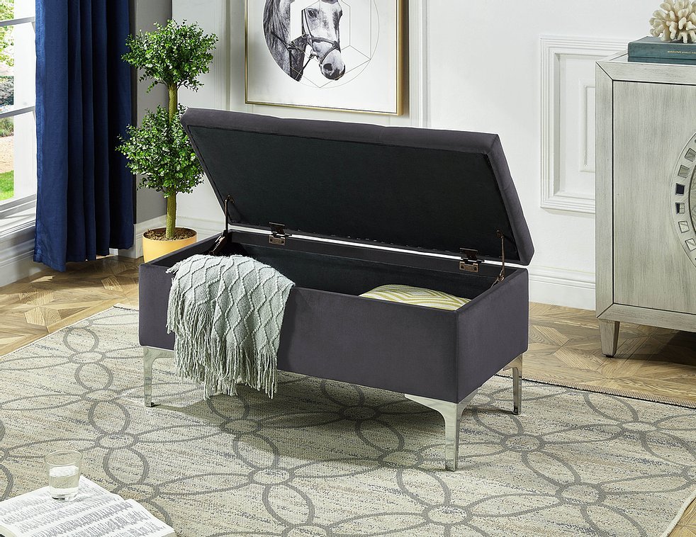 Grey Velvet Storage Bench With Deep Tufting – Payless Furniture