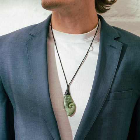 NZ Greenstone Inanga Hei Matau Hook Pendant on Black Cord