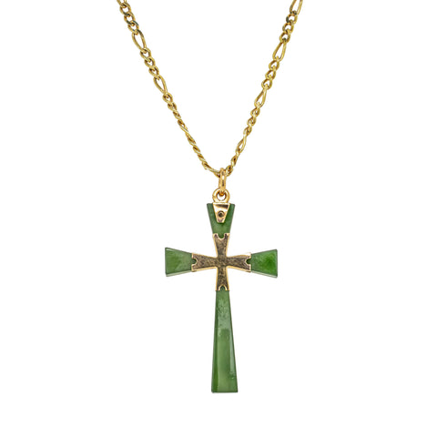 Vintage 14ct Yellow Gold Greenstone Cross Pendant