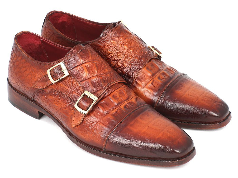 Paul Parkman Men's Double Monkstrap Brown Crocodile Embossed Calfskin ...