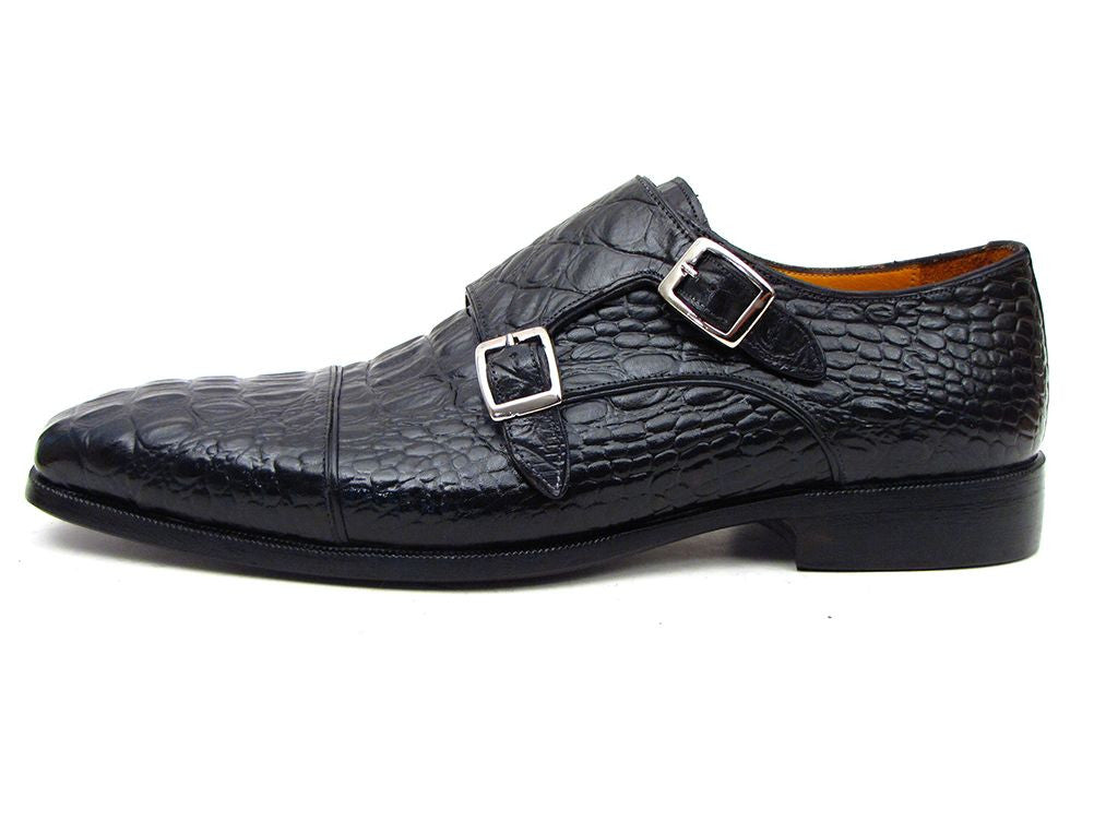 Paul Parkman Men's Double Monkstraps Black Crocodile Embossed Calfskin ...