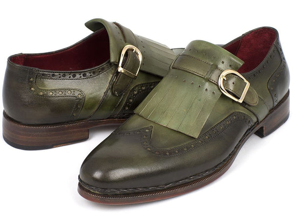 Paul Parkman Men's Wingtip Monkstrap Brogues Green Hand-Painted Leathe ...