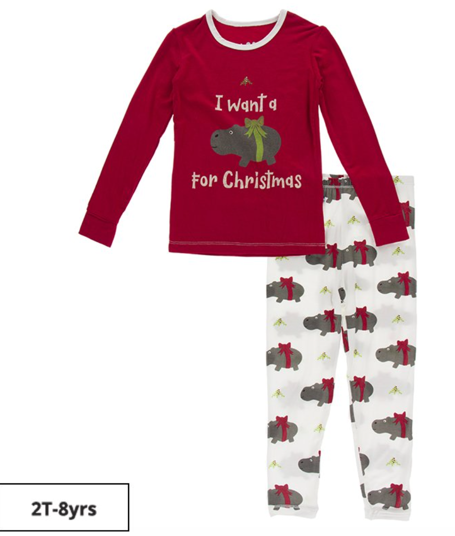 Kickee Pants Natural Christmas Hippo Long Sleeve Graphic Tee Pajama Set