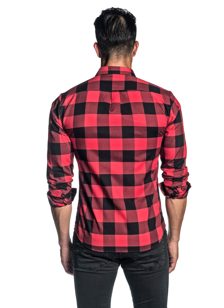 solid red button down shirt with black buttons