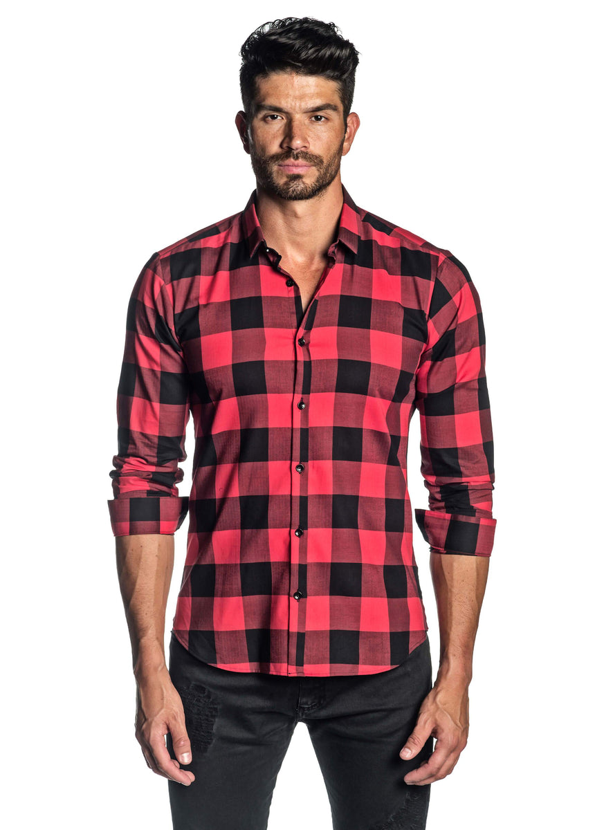 solid red button down shirt with blue buttons