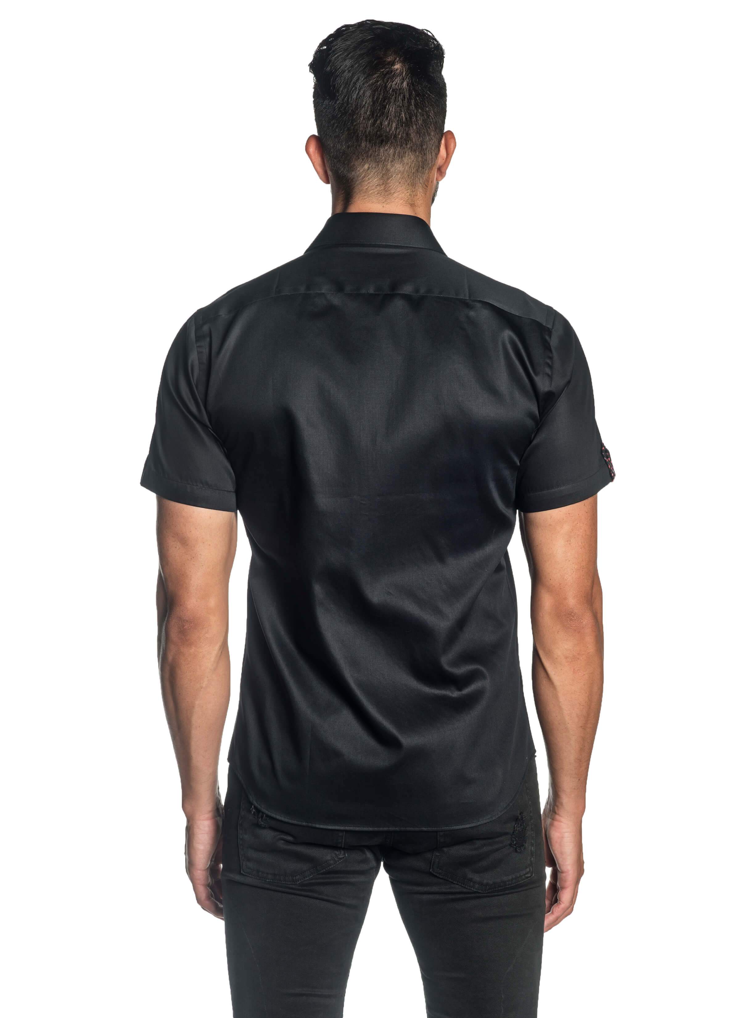 Black Solid Satin Short Sleeve Shirt for Men T-3551-SS