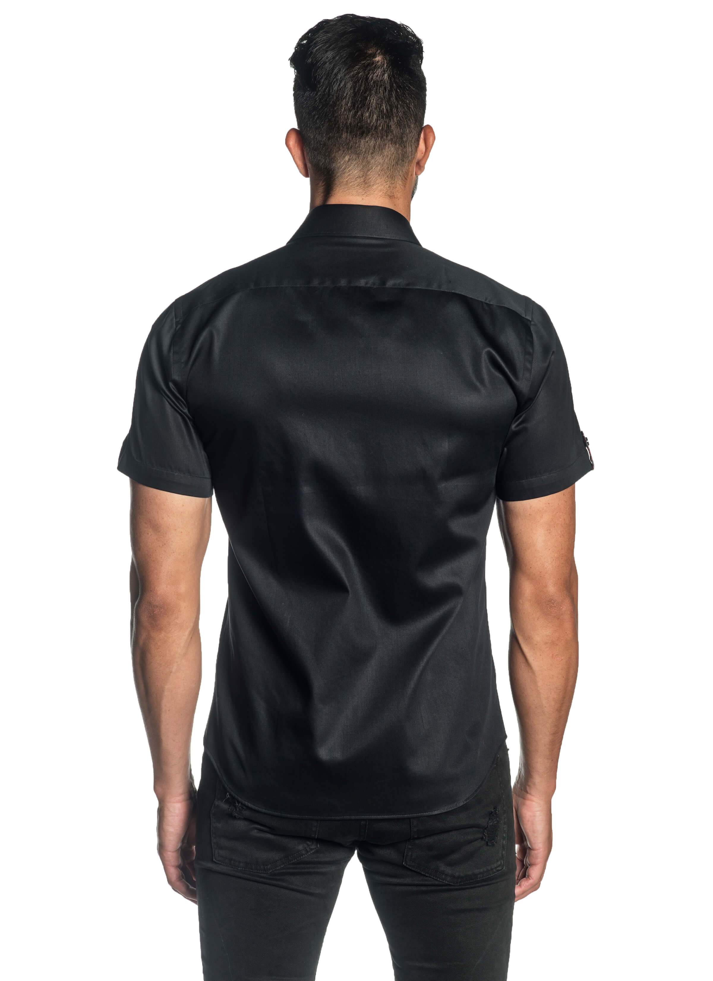 Black Solid Satin Short Sleeve Shirt for Men T-3552-SS