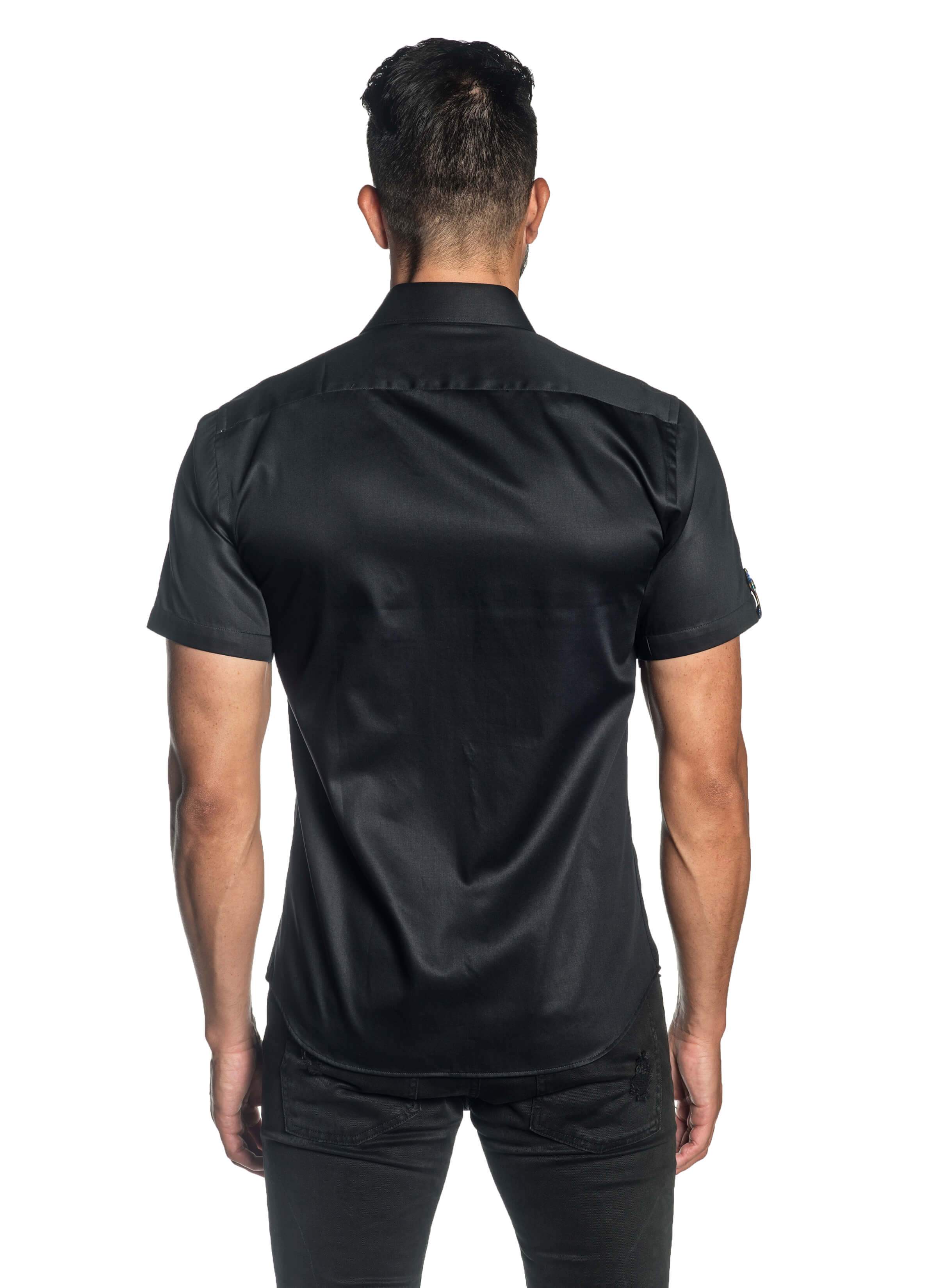 Black Solid Satin Short Sleeve Shirt for Men T-3554-SS