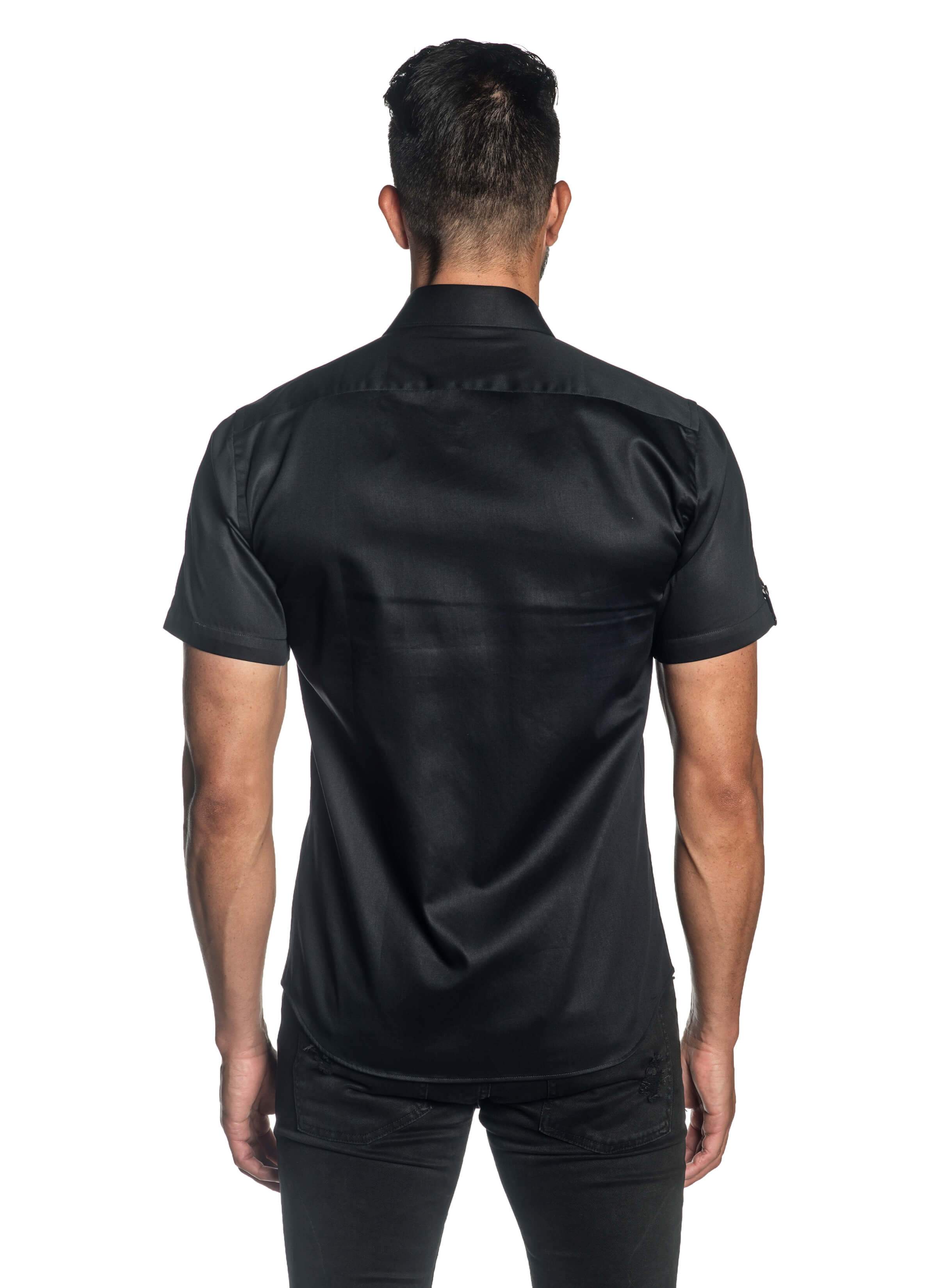 Black Solid Satin Short Sleeve Shirt for Men T-3560-SS