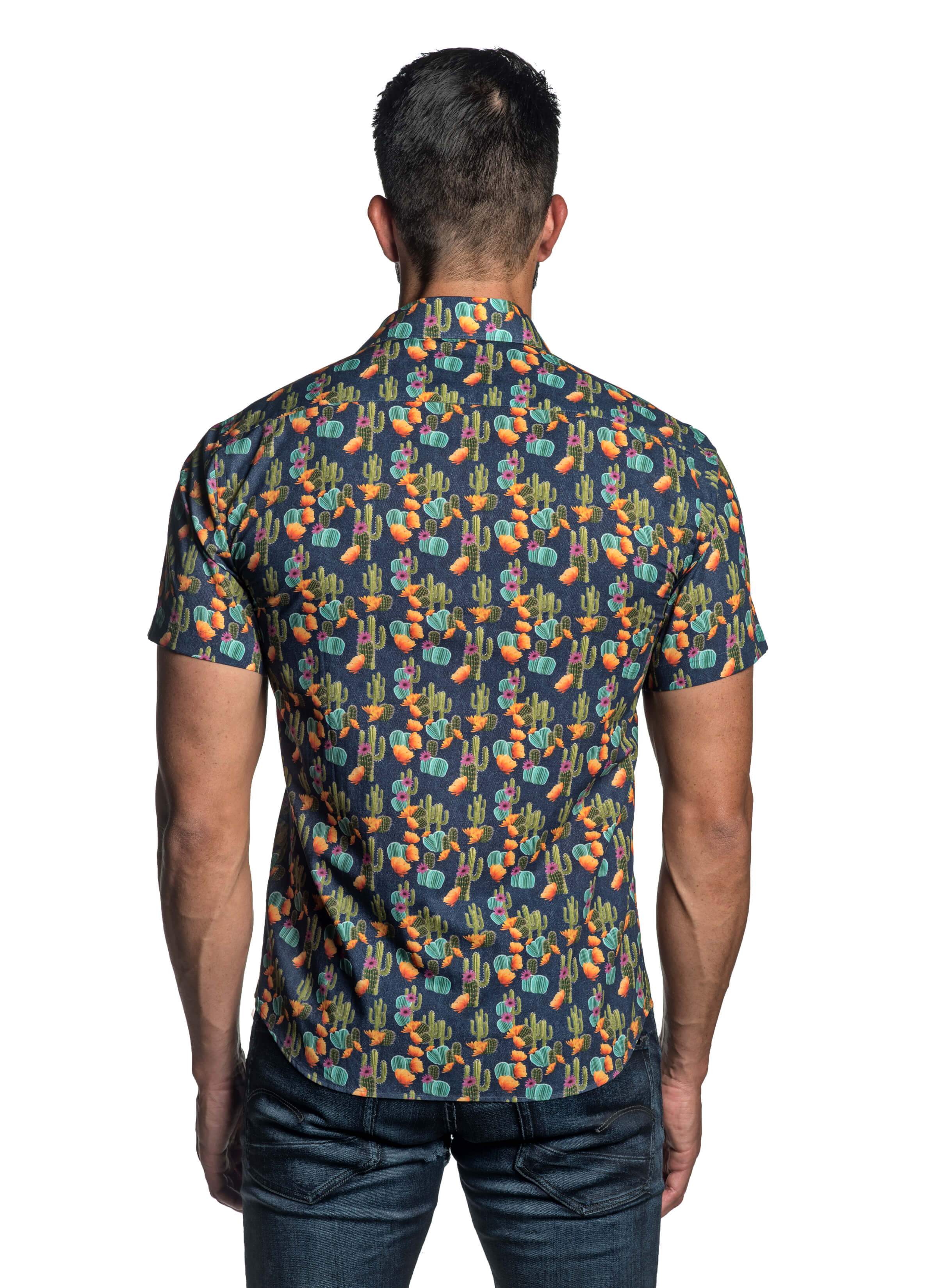 Navy Cactus Print Short Sleeve Shirt for Men T-8815-SS