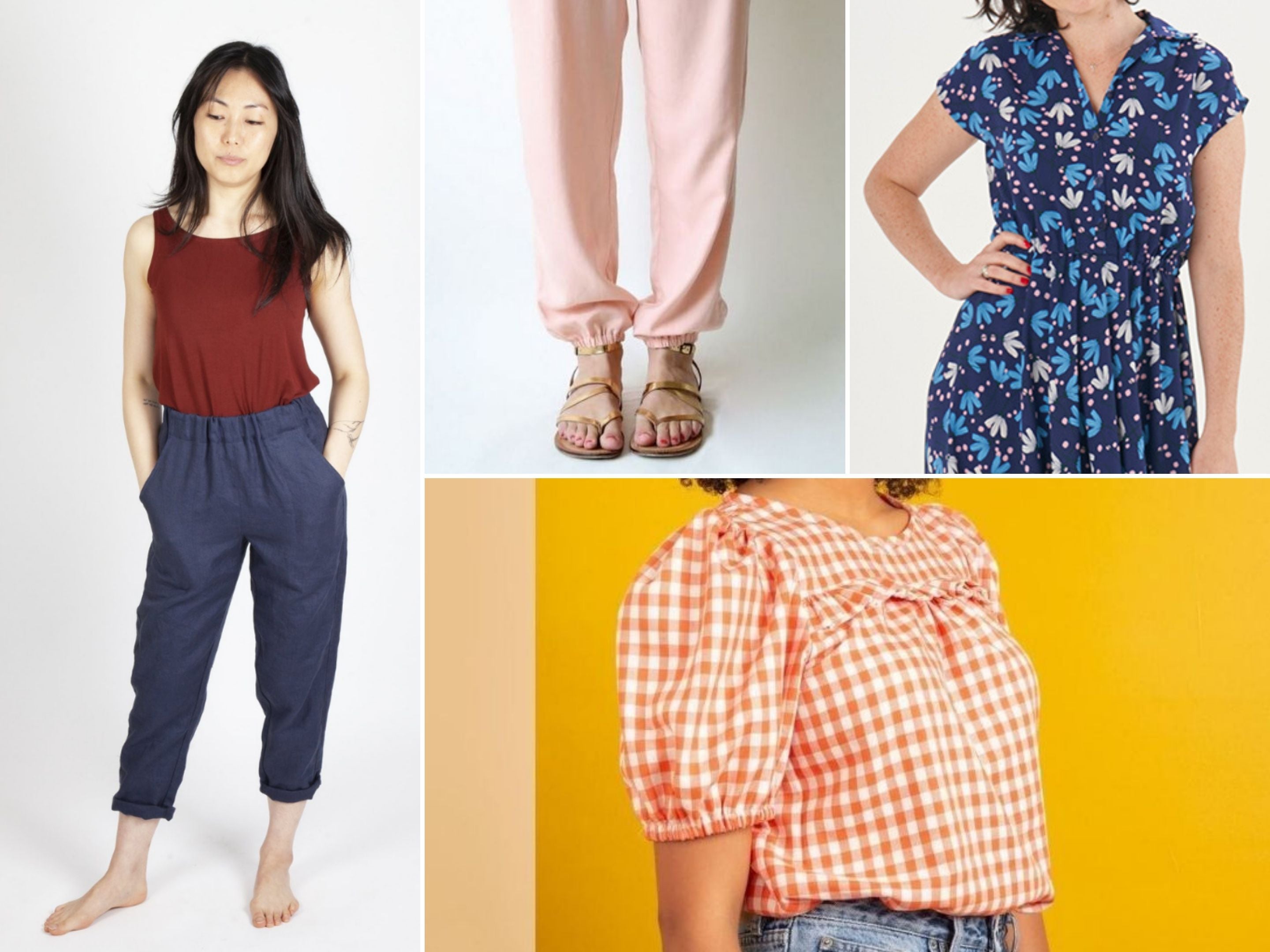 Various ways to use elastic in handmade garments—suggested patterns Sew House Seven Free Range Slacks, Made by Rae Luna Pants, Sew Over It Penny Dress, and Friday Pattern Co. Sagebrush Top