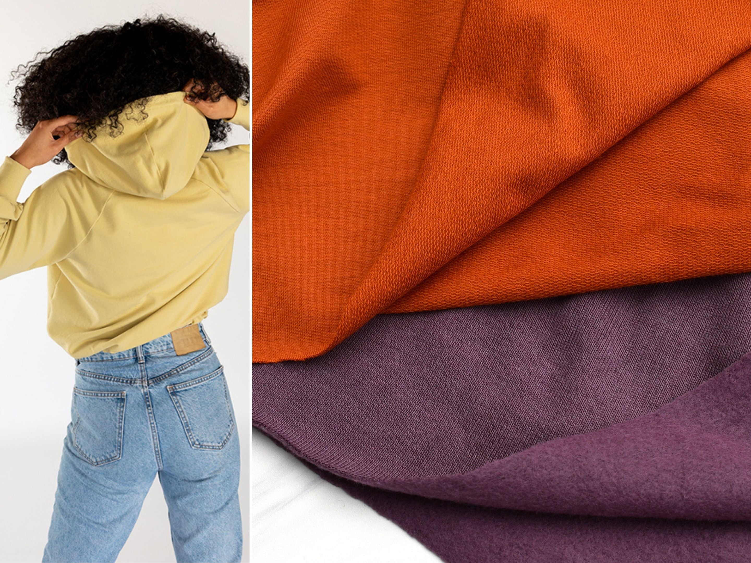 A close up look at a French terry and sweatshirt fleece fabrics and a suggested pattern, the Chalk & Notch Page Hoodie