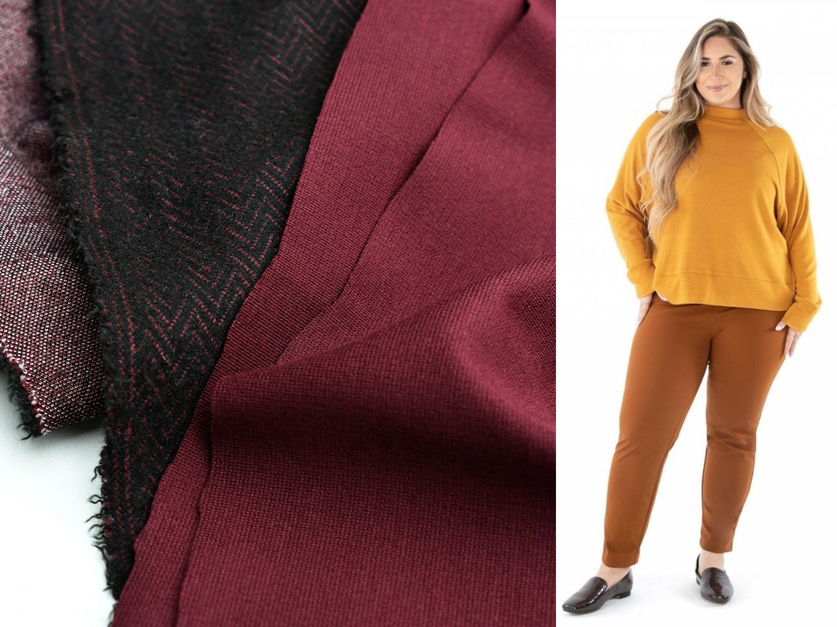 A close up look at two different ponte knit fabrics and a suggested pattern, the Jalie Renee Ponte Pants