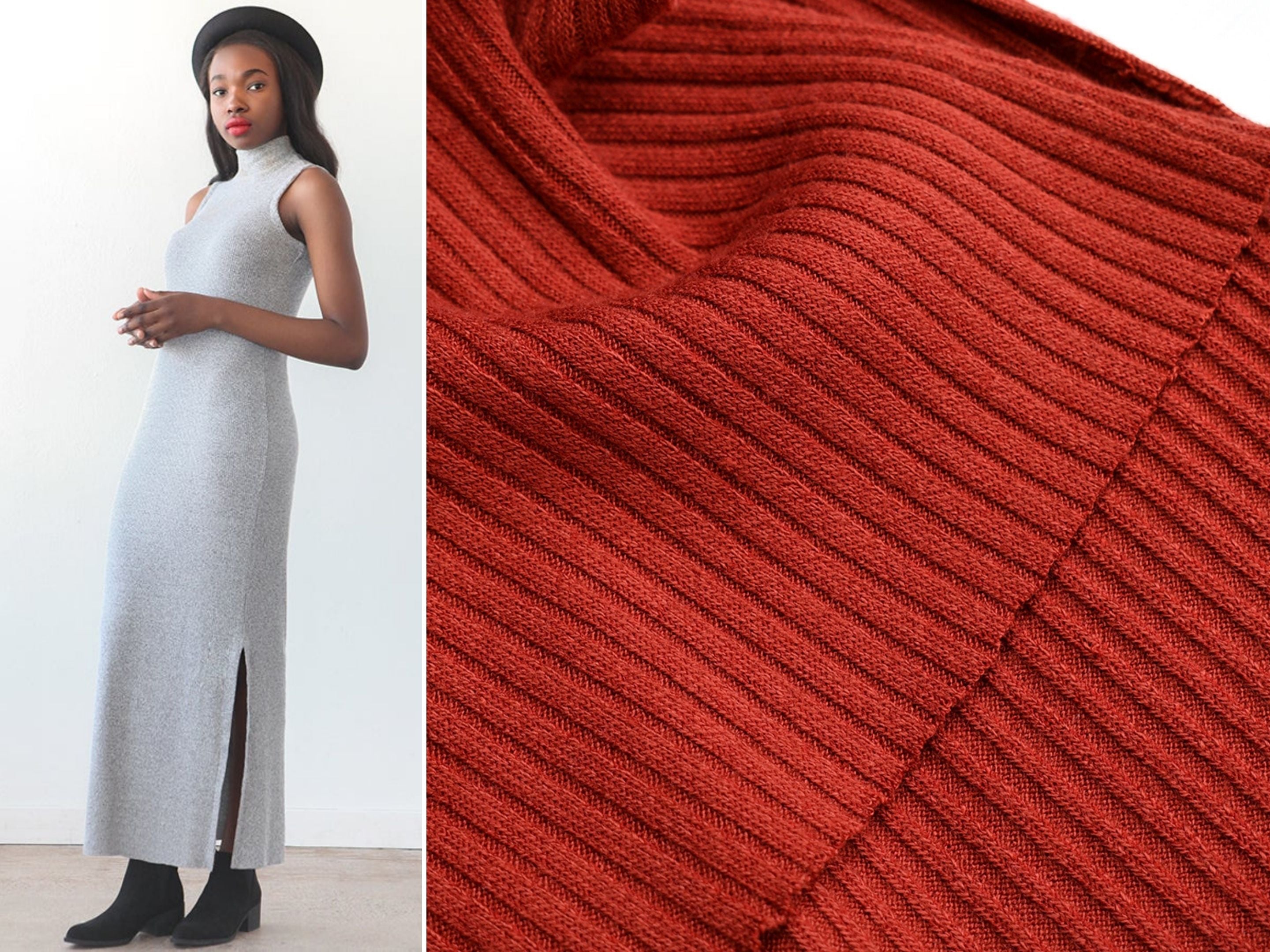 A close up look at a 4x2 rib knit fabric and a suggested pattern, the True Bias Nikko Dress