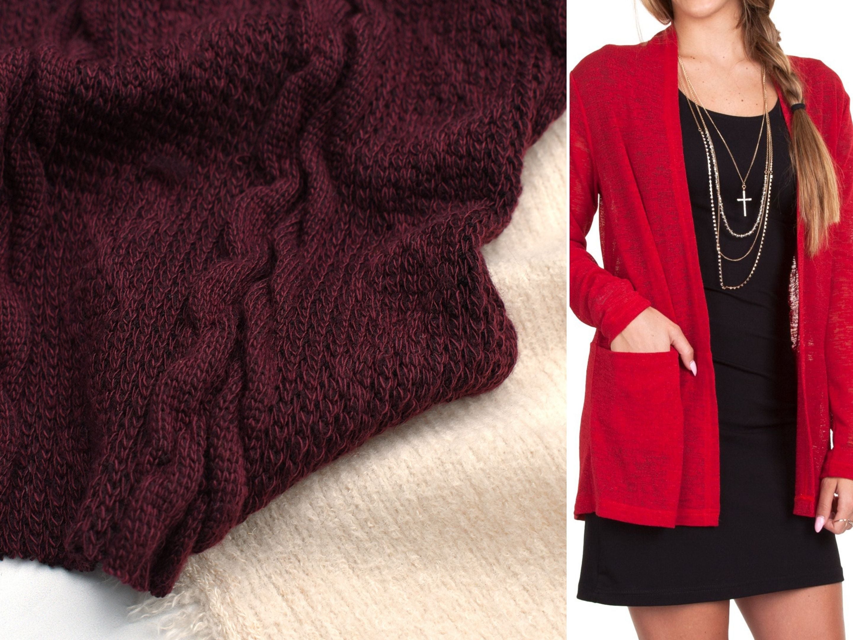 A close up look at two different sweater knit fabrics and a suggested pattern, the Jalie Helene Cardigan