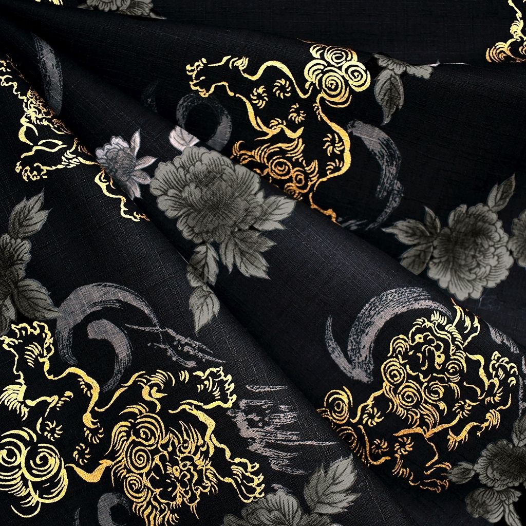 Japanese Dobby Texture Cotton Lion Floral Black Gold Style Maker Fabrics