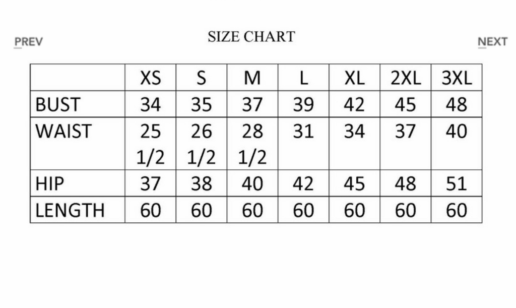 Size Chart Bela Bridal