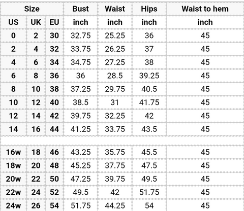 CHIC NOSTALGIA SIZE CHART – Bela Bridal