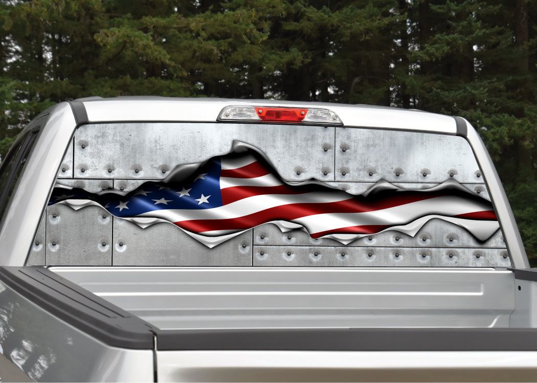 American Flag Ripped Metal 2 Riveted Metal Rear Window Graphic