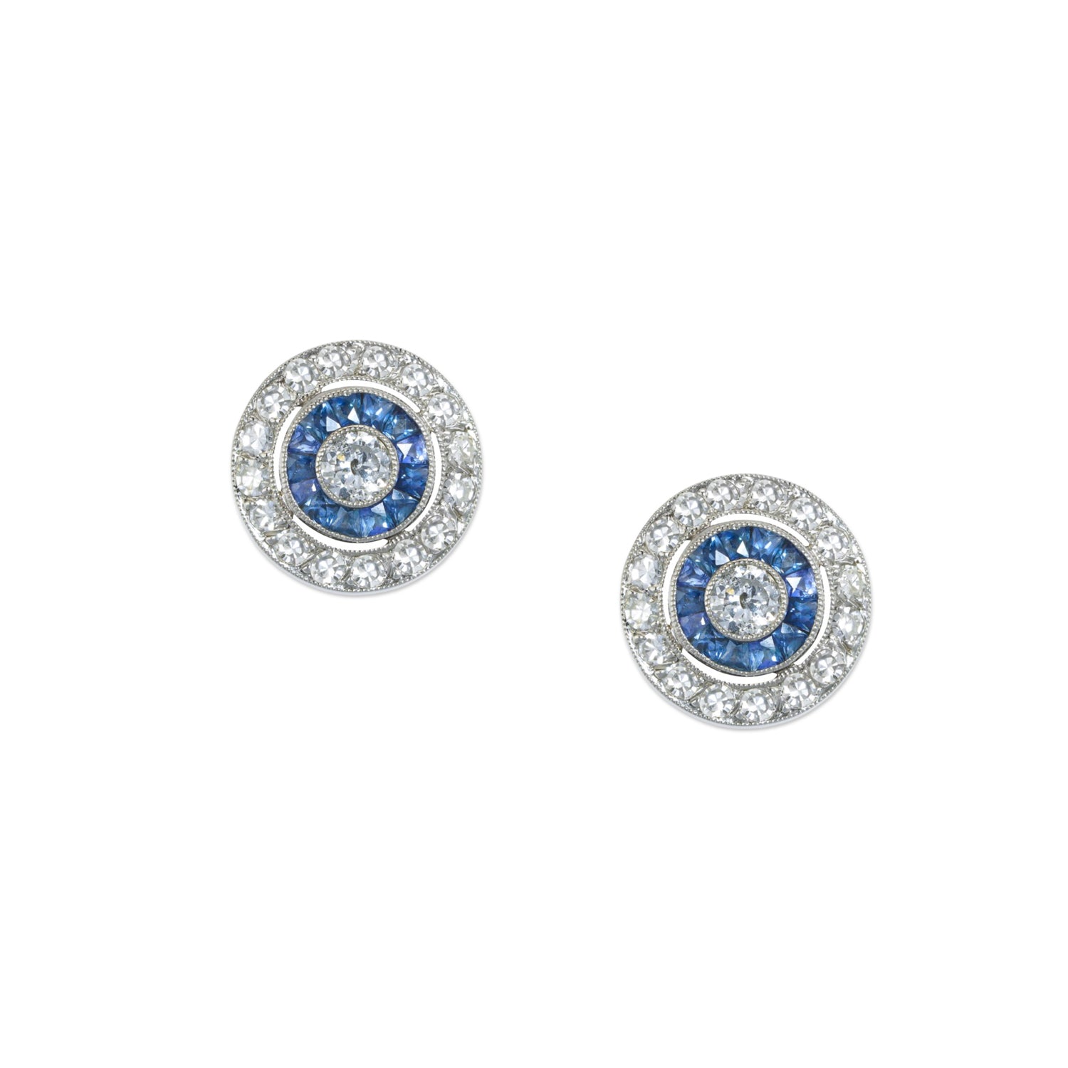 Estate Bullseye Platinum Diamond and Sapphire Studs