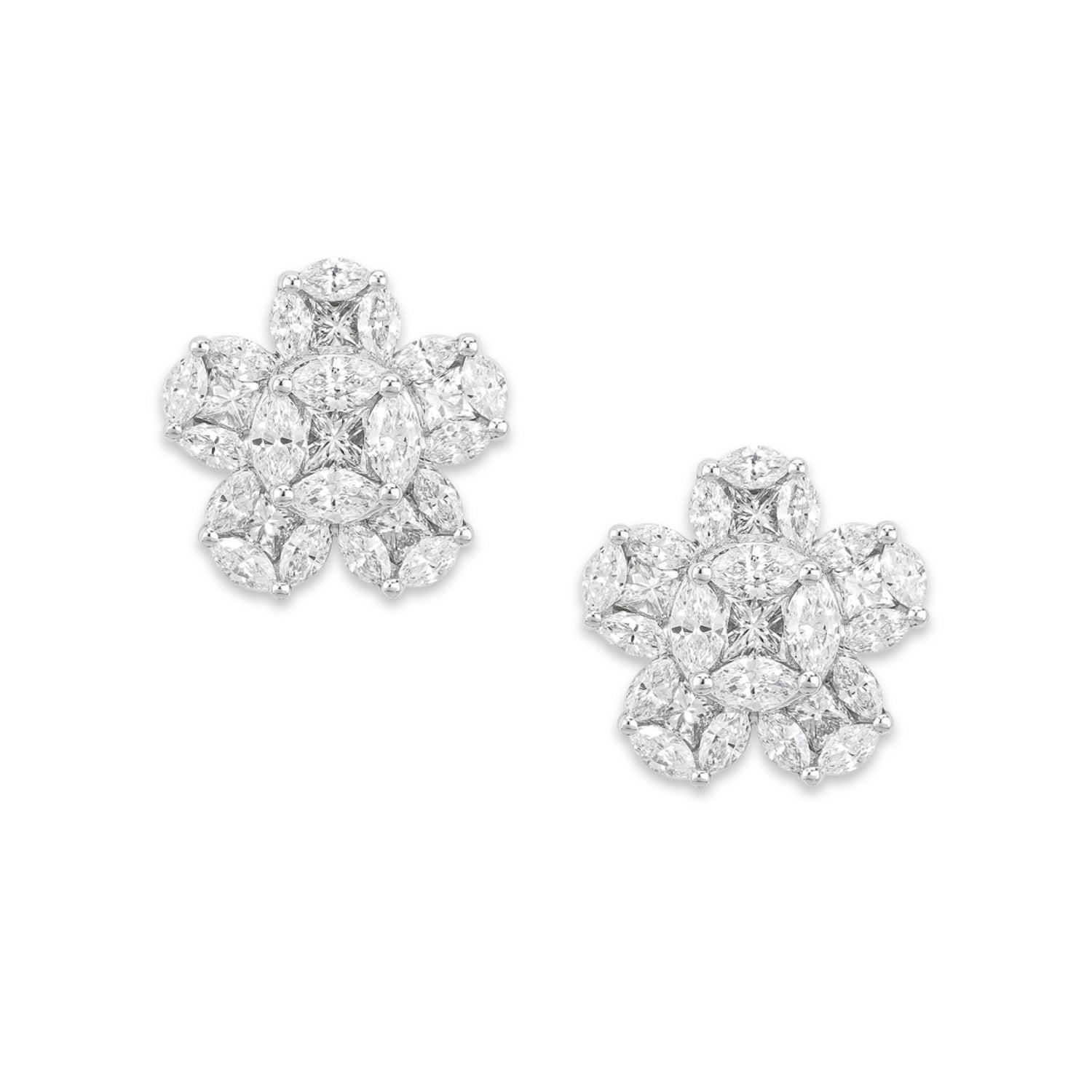 18k White Gold and Diamond 5 Petal Flower Earrings