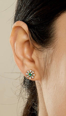 Syna 18k Yellow Gold Emerald and Diamond Flower Studs