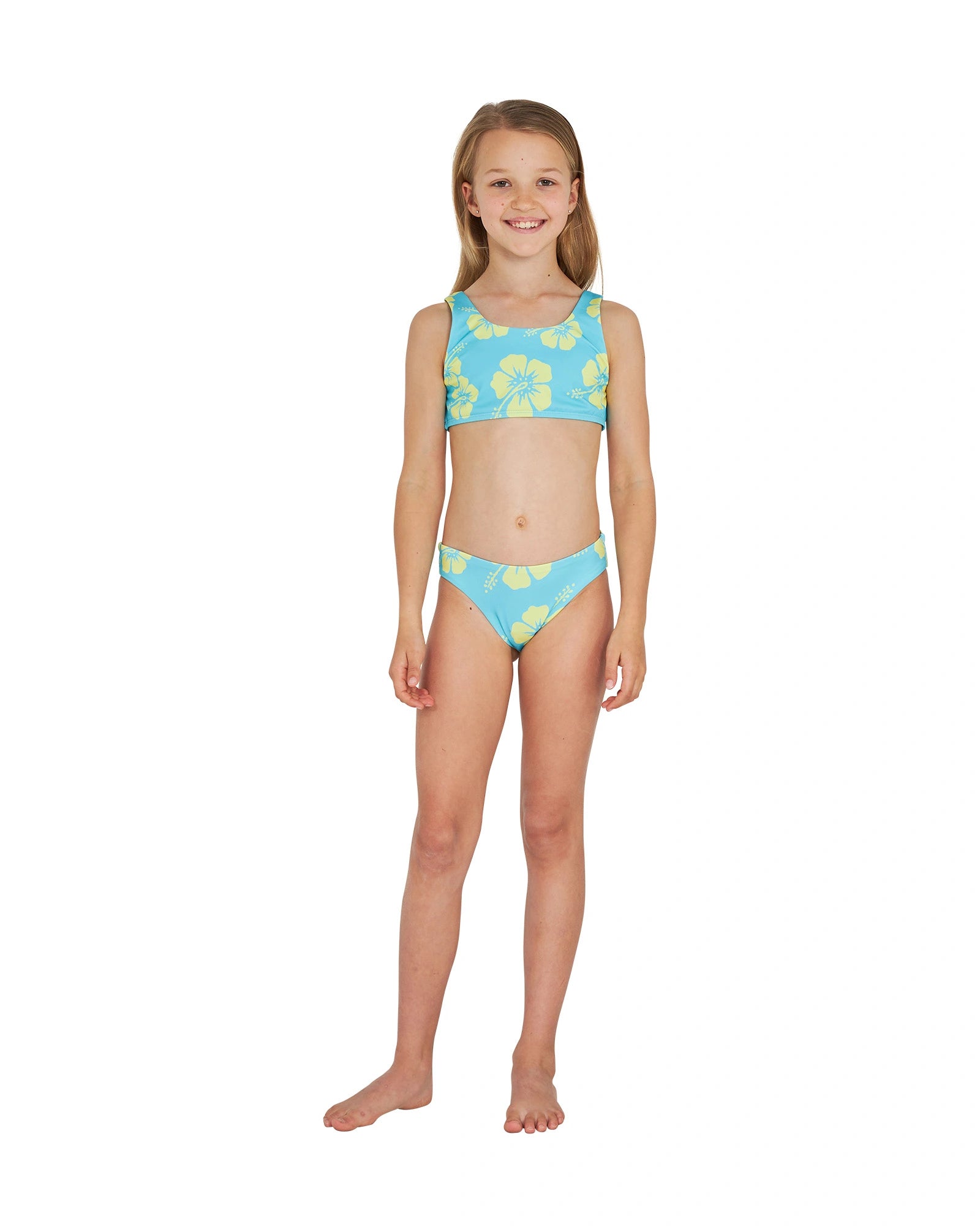 Girls - Swim Bikini Set - Crop Bikini Set - Hibiscus Aqua Yellow