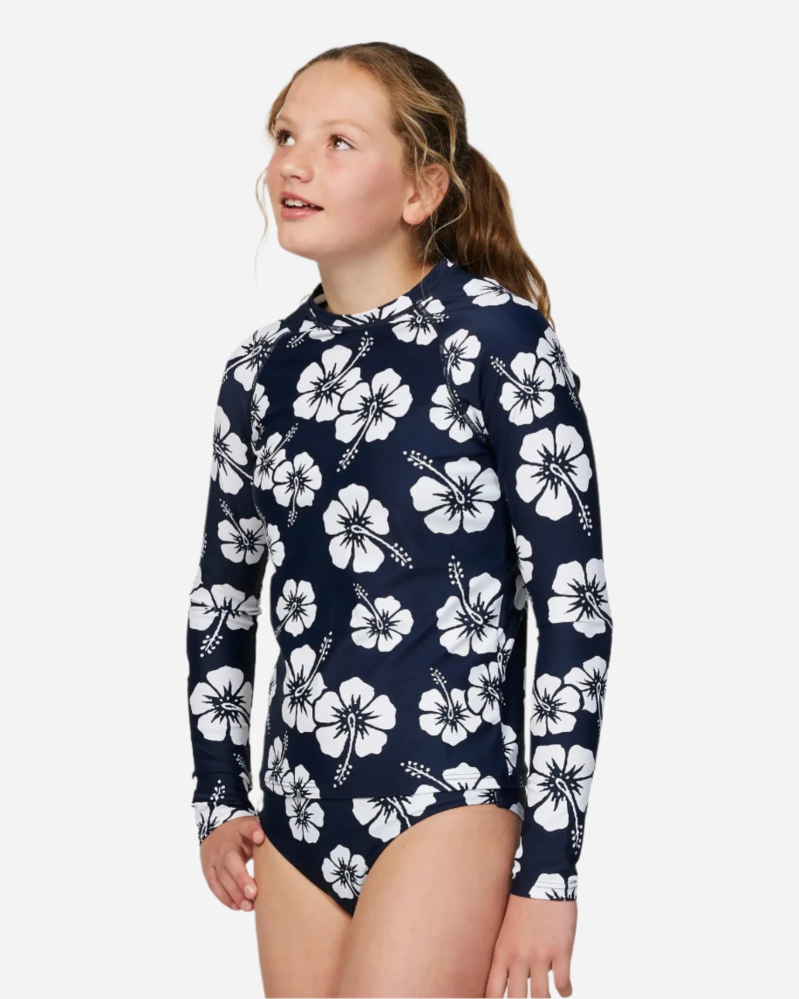 Girls - Swim Long Sleeve Rashie - Hibiscus Navy - Okanui product image