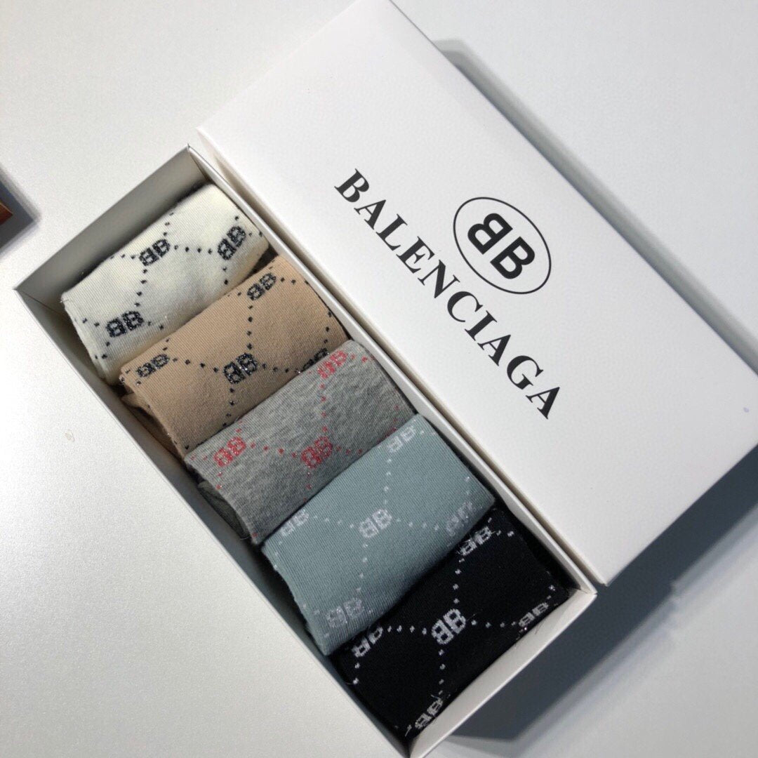 Balenciaga Fashion Classic Comfortable Breathable Pure Cotton Socks 5 Piece Set